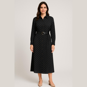 Zara Black Polka Dot Belted Maxi Shirt Dress Long Sleeve NWT Size Large